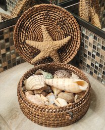 Tribal Style Sun Basket With Assortment Of Shells And Starfish