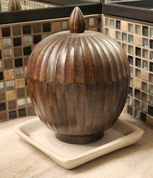 Metal Pumpkin Style Trinket Box With Lid And Stoneware Tray