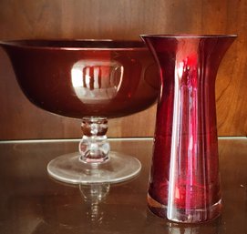 Vintage Pair Of Red Glass Selections - Vase And Bowl
