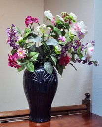 Vintage Dark Glass Flower Vase With Artificial Arrangement