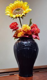 Vintage Dark Glass Flower Vase With Artificial Arrangement #2