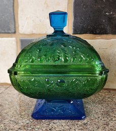 Stunning Blue And Green Art Glass Candy Dish With Lid