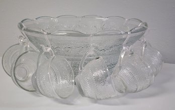 Vintage Glass Fancy Punch Bowl And Glasses Set