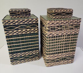 (2) Rattan Woven Home Decor Vessels With Lids