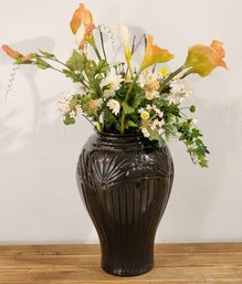 Vintage Black Art Glass Vase With Artificial Floral Arrangement