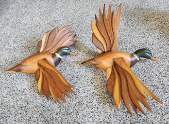(2) Vintage Handmade Wooden Wall Accent Articulating Wings Duck Sculptures