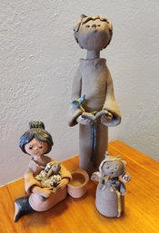 (3) Handmade Stoneware Decor Figures