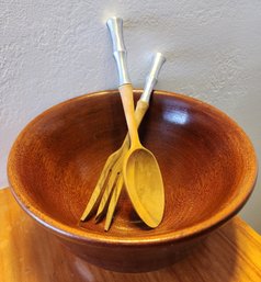 Wooden Salad Bowl With Utensils