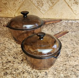 (2) Vintage Amber Tone PYREX Cookware Dishes With Lids