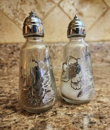 Vintage Set Of Salt And Pepper Shakers Silver Etching