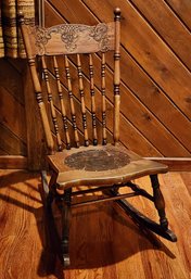 Antique Wooden Carved Rocking Chair With Leather Accent