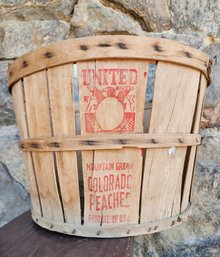 Vintage UNITED Colorado Peaches Split Wood Bushel Basket