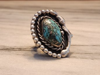 Vintage Handmade Sterling Silver Artisan Turquoise Center Stone Cocktail Fashion Ring Size 6.5 #S2