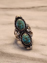 Vintage Handmade Sterling Silver Artisan Turquoise Dual Center Stone Cocktail Fashion Ring Size 6.5 #S5