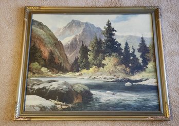 Vintage Signed Fine Art Landscape Oil Painting Print By ROBERT WOODS 'In The Tetons, Wyoming'