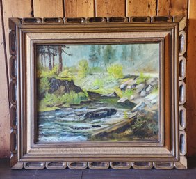 Vintage Folk Art SIGNED Framed Oil Painting 'Rapid Creek Near Rockford' By BARBARA DAVIS