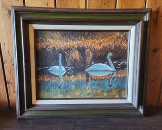 Vintage Folk Art SIGNED Framed Oil Painting Duck Theme