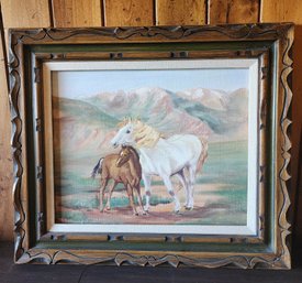 Vintage Folk Art Framed Oil Painting Horse Theme