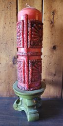 Vintage New Unused Tall Pillar Candle And Ceramic Stand