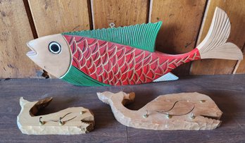 Vintage Trio Of Wooden Handmade Fish And Whale Home Decor Selections