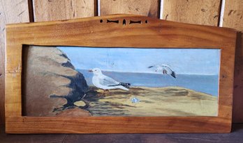 Vintage Framed Folk Art Oil Painting Seagull Theme