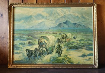 Vintage Framed Fine Art Canvas Print Of Wagon Trail Scene