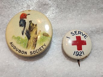 Pair Of Antique Button Pins - Red Cross And Audobon Society #S51