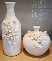 Vintage Pair Of Floral Accent White Porcelain Vase Vessels