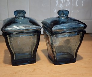 (2) Beautiful Matching Art Glass Vessels With Lids