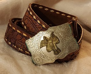 Vintage JUSTIN BOOT CO. Nickel Silver Belt Buckle With Leather Belt