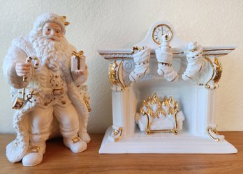 Vintage Porcelain Santa And Chimney Figure Christmas Set