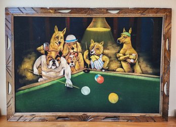 Vintage Mid Century Modern Velvet Painting Of Dogs Playing Pool