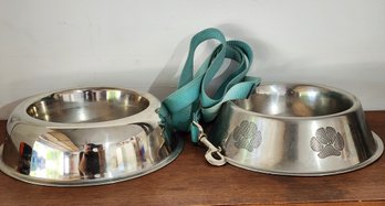 Dog Water And Food Metal Bowls With Leash