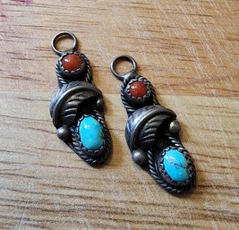 #K18 Vintage Navajo Sterling Pair Of Turquoise And Coral Pendants