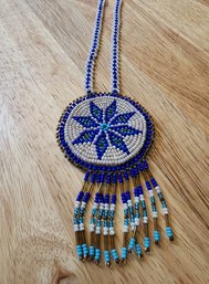 #K19 Vintage Native American Leather And Beadwork Pendant Necklace