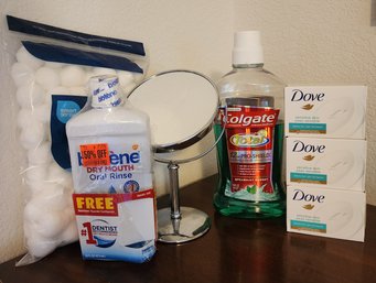 Assortment Of Bathroom Essentials - Mouthwash, Soap, Vanity Mirror, Cotton Balls