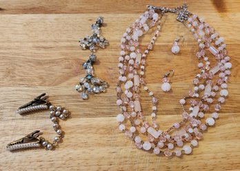 Vintage Beaded Necklace And Earring Set, Earrings And Shirt Clip #K41