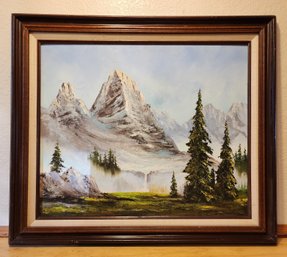 Vintage Snow Cap Mountain Landscape FOLK ART Oil Painting SIGNED