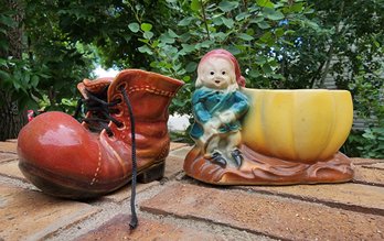 (2) Ceramic Lawn And Garden Decor Flower Pots - Shoe And Knome