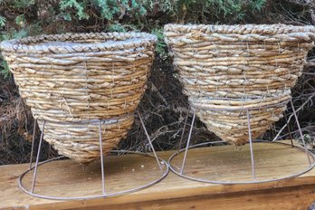 (2) Woven Wicker Cone Style Planters With Metal Stands