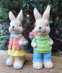 (2) Ceramic Bunny Rabbit Buddies Yard And Lawn Garden Decor Figures