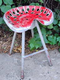 Vintage Red Chippy Paint Heavy Metal Curved Stool Chair Seat