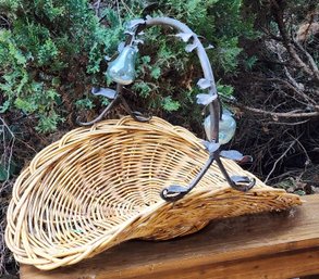 HUGE Wicker Rattan Basket With Metal Handle And Art Glass Pear Accents