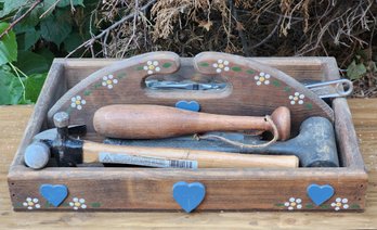 Assortment Of Vintage Hand Tools With Wooden Handpainted Transport Tray