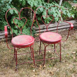 Vintage Candy Red Wrought Iron Metal Heart Theme Loveseat Patio Outdoor Chair