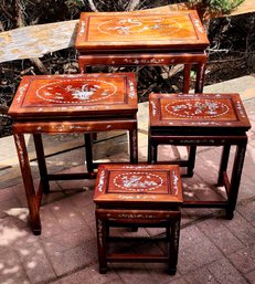 Set Of (4) Asian Handcrafted Rosewood And Mother Of Pearl Nesting Tables