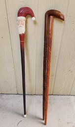 Vintage Set Of (3) Carved Wood Walking Sticks Feat. Santa Claus