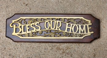 Vintage Wood & Brass BLESS OUR HOME Hanging Wall Accent Decor