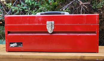 Vintage Red Metal Toolbox With Goodies Inside