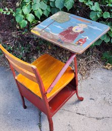 Vintage Student Children's Desk With Handpainted Folk Art Rabbit Theme Table Surface